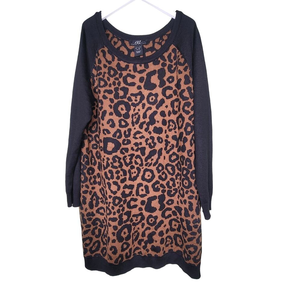Midnight Velvet Sweater Dress XL Black Tan Animal Print Round Neck Wool Blend